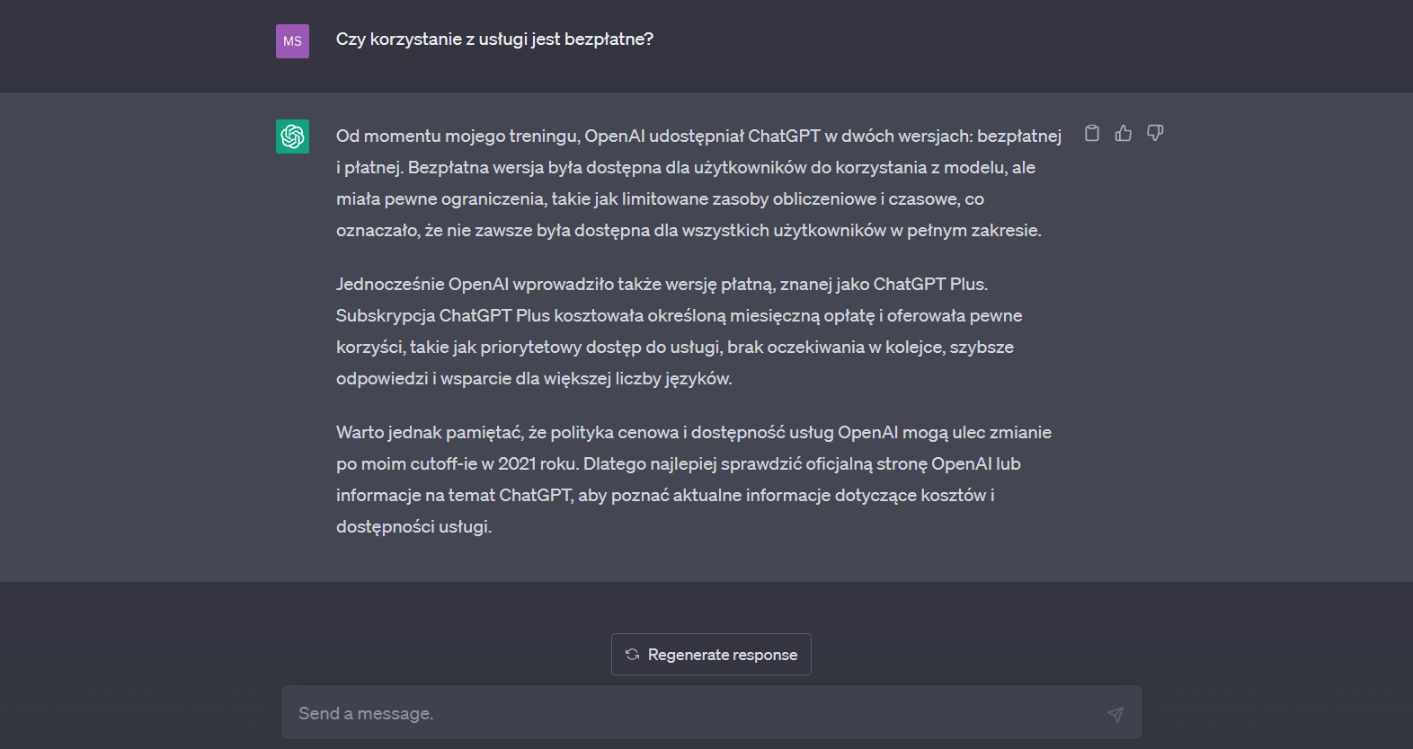 Zrzut ekranu - ChatGPT w języku polskim